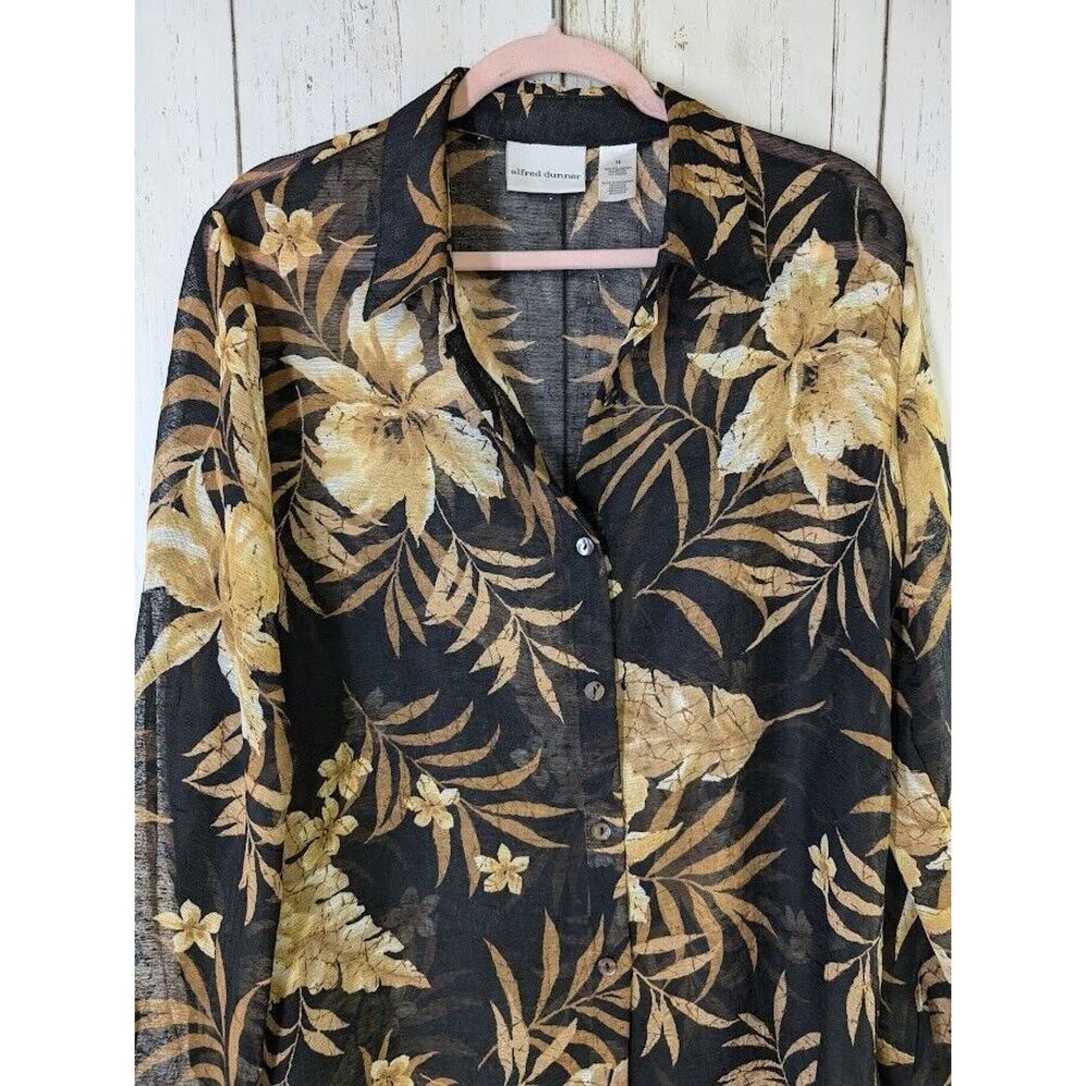 Alfred‎ Dunner Size 14 Black Gold Floral Button Down Semi Sheer Long Sleeve Top - Picture 3 of 7
